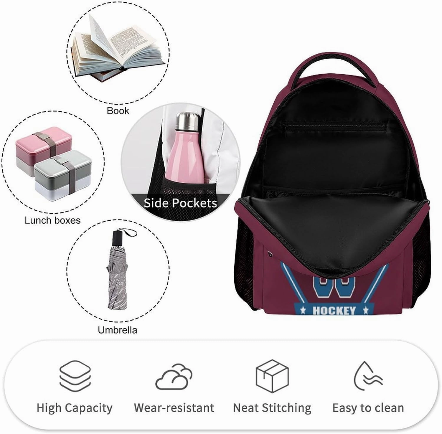 Generic Custom Backpack High Capacity Bag Hockey Fans Gifts for Teenager Men Women, Add Name & Number