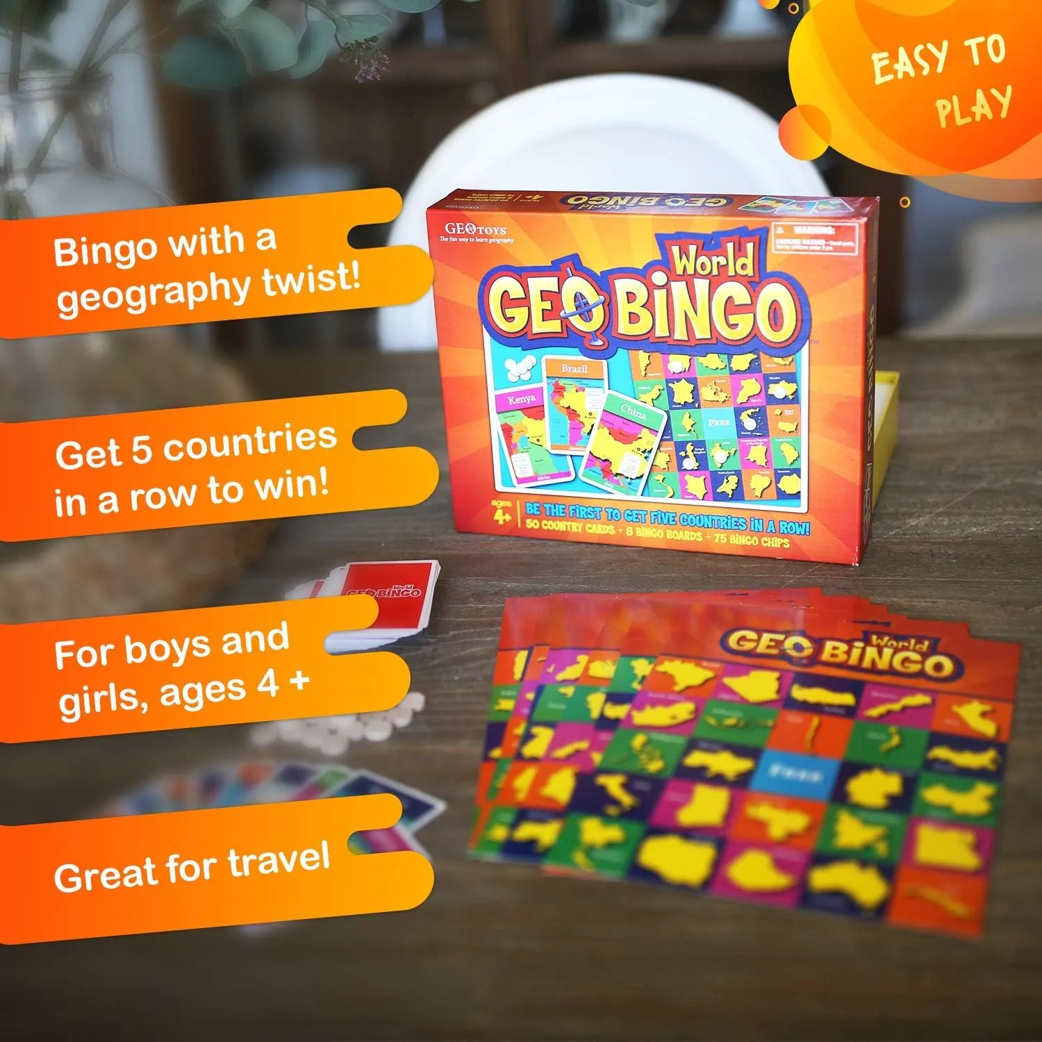 GeoToys GeoBingo, World Bingo Game for Kids, Geography Game for Home, School or Camp - Fun Bingo Games for Family, Play & Learn Countries of the World, Ages 4 and Up