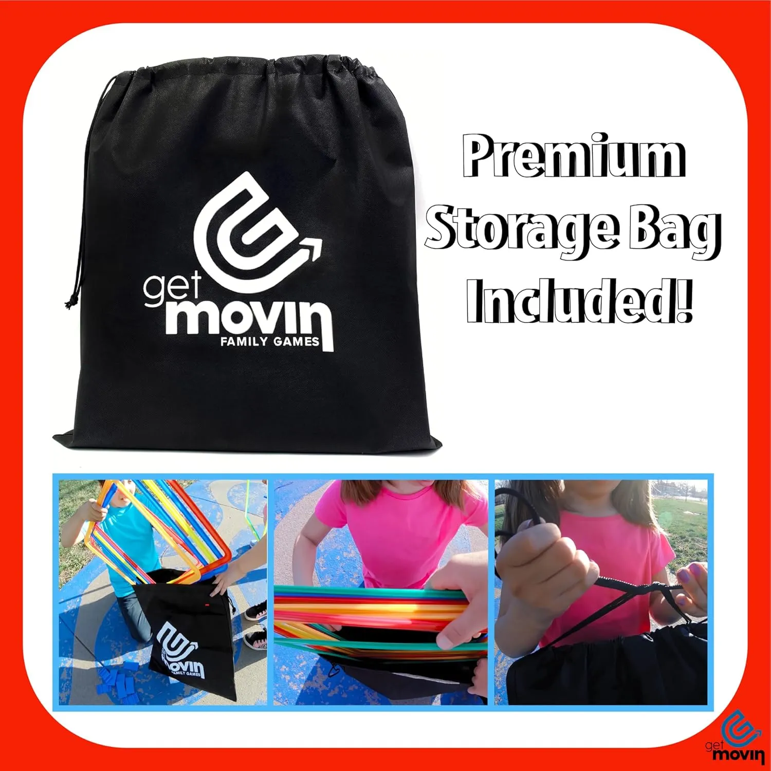 GETMOVIN SPORTS Hopscotch Squares Set with 2 Premium Beanbags Giant Sized 15 Inch Squares with 15 Connectors for Indoor/Outdoor Portable Fun Conditioning Agility Training