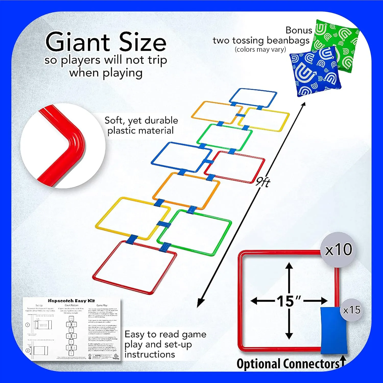 GETMOVIN SPORTS Hopscotch Squares Set with 2 Premium Beanbags Giant Sized 15 Inch Squares with 15 Connectors for Indoor/Outdoor Portable Fun Conditioning Agility Training