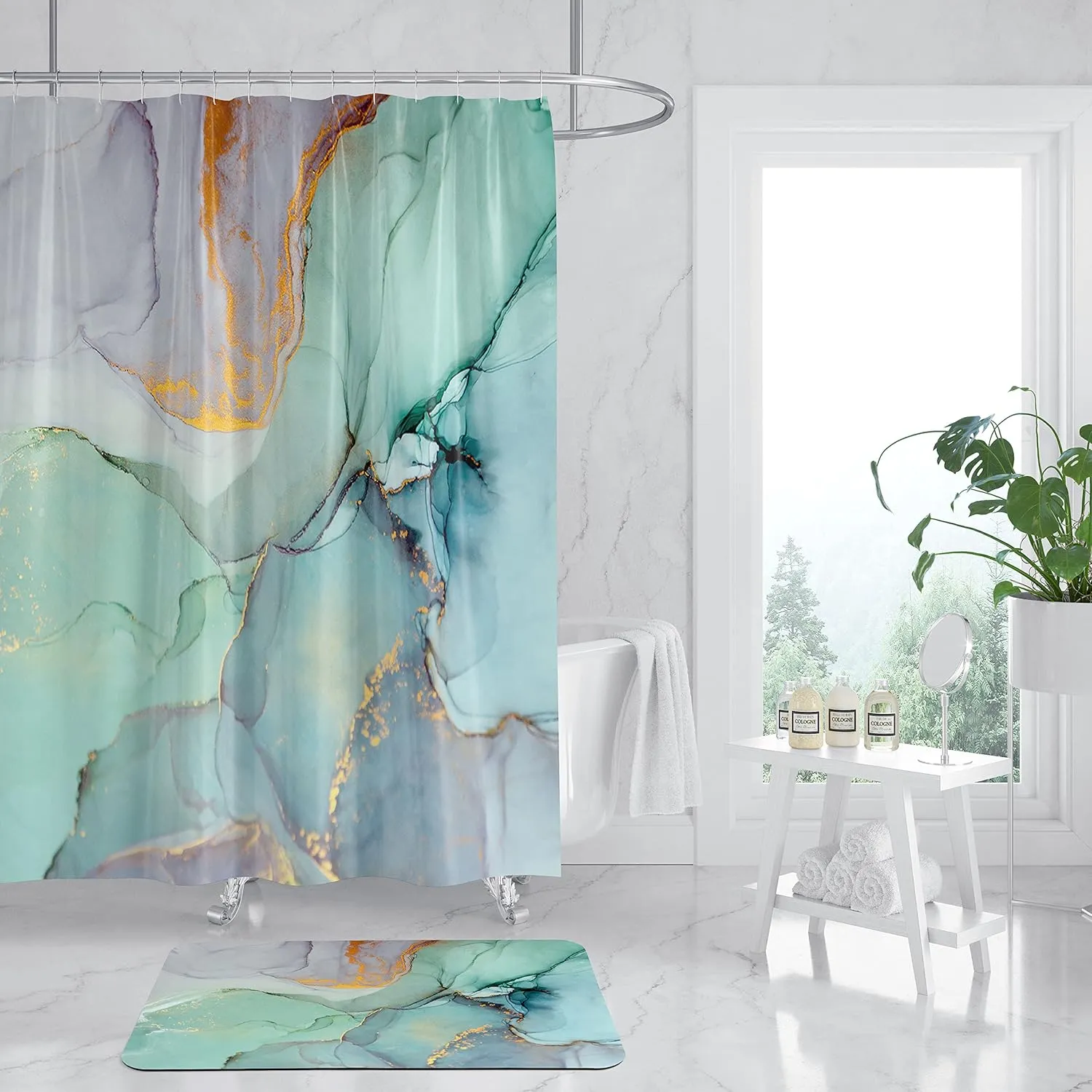 Gibelle Bath Mat Rug Set 2 Piece, Super Absorbent Quick Dry Bathroom Rug Set, Non Slip Rubber Backed Bathroom Floor Mat for Tub Shower Sink (17"x24" 17"x24", Green Marble)