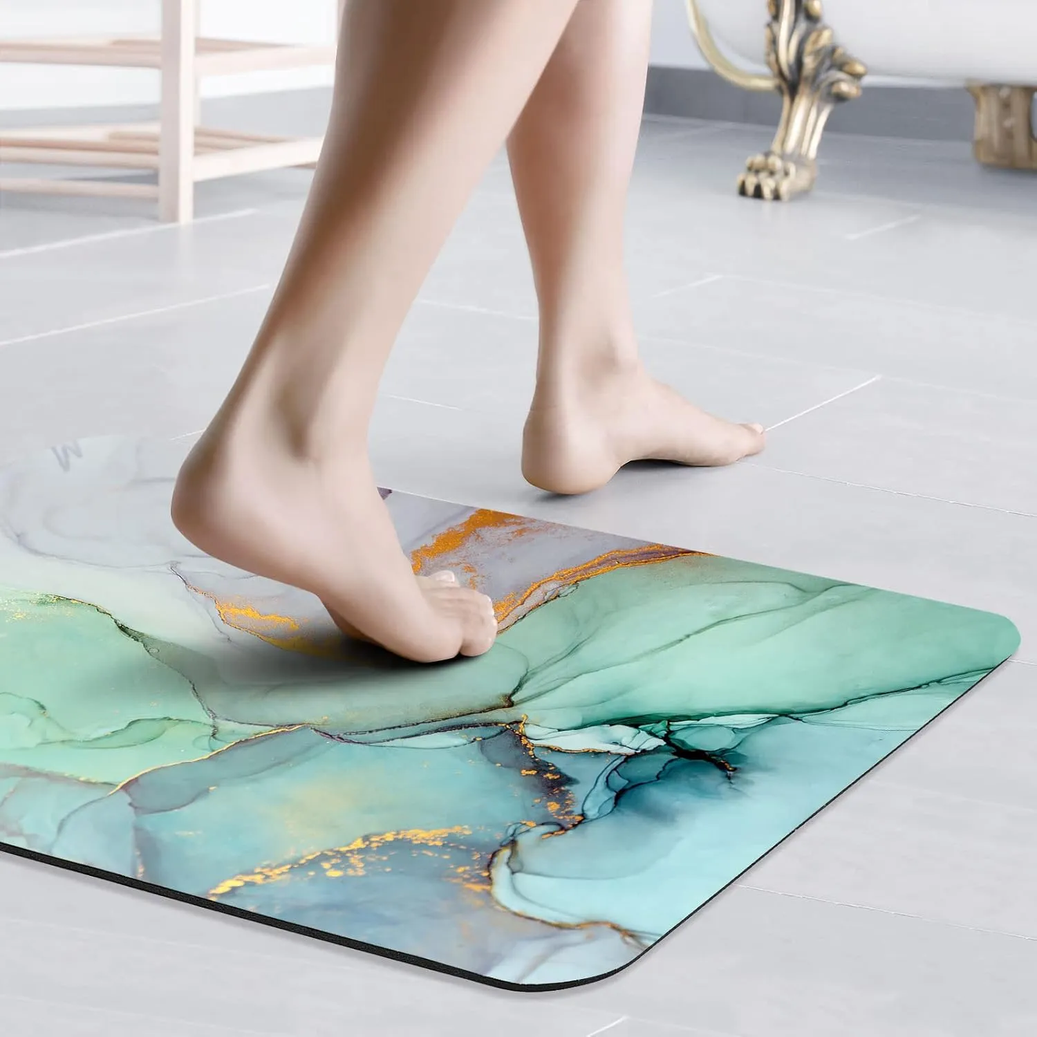 Gibelle Bath Mat Rug Set 2 Piece, Super Absorbent Quick Dry Bathroom Rug Set, Non Slip Rubber Backed Bathroom Floor Mat for Tub Shower Sink (17"x24" 17"x24", Green Marble)