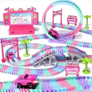 Golray Car Race Tracks for Kids Ages 3-5, Pink Magic Tracks Car Toys with 360° Rotating, Princess Flexible Race Track for Kids, Birthday Gift Girls Toys 3 4 5 Years Old
