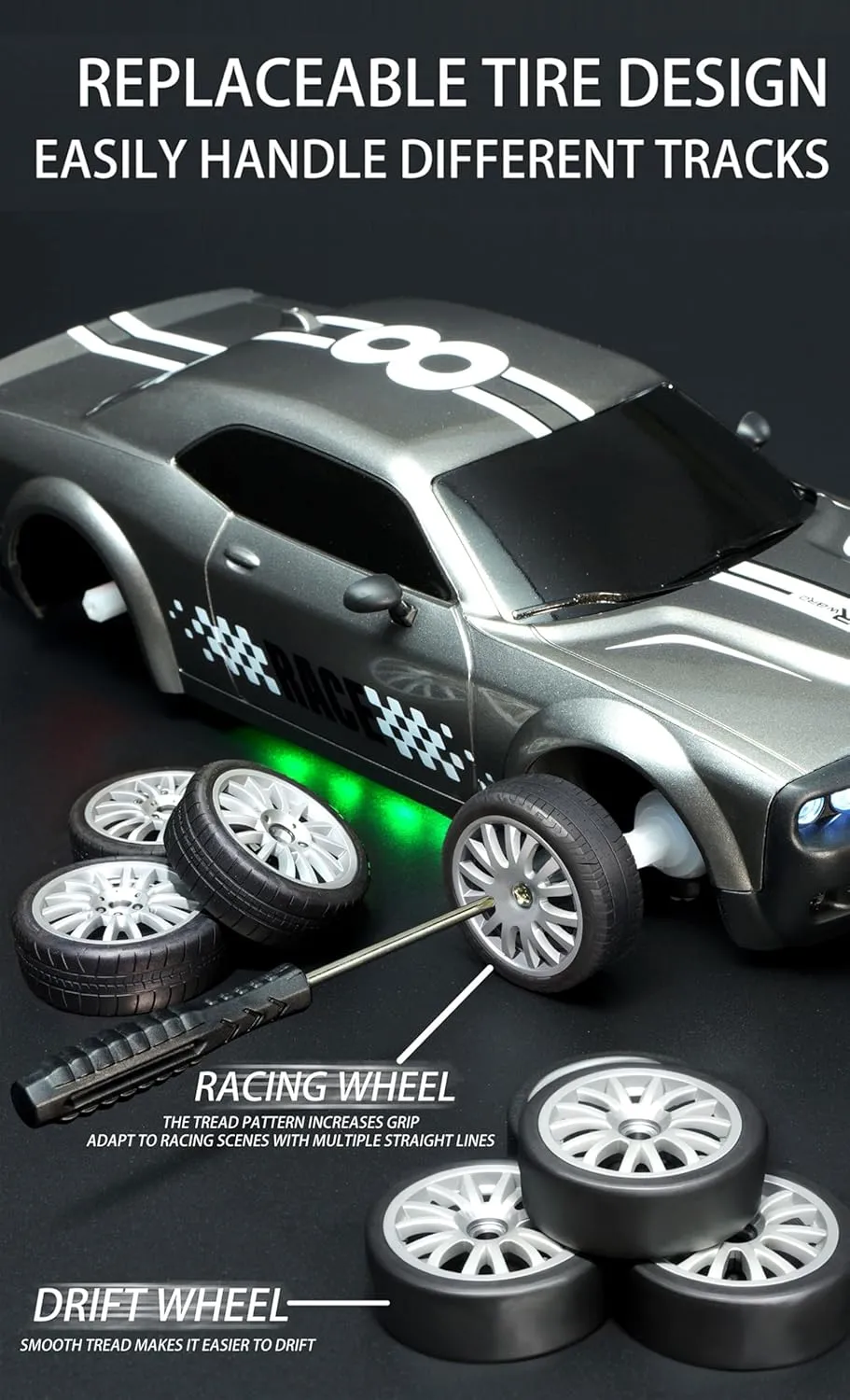 GoolRC RC Drift Car, 1:20 2.4GHz 4WD High Speed 20KM/H Racing Car Vehicle, Replaceable Drifting Tires Racing Sport Toy Cars with LED Lights, Electric Toy Car Vehicle Gifts for Kids Boys Girls