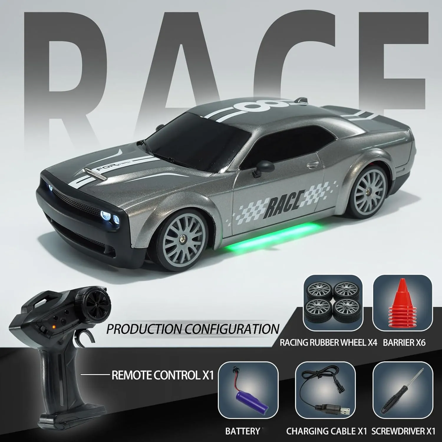 GoolRC RC Drift Car, 1:20 2.4GHz 4WD High Speed 20KM/H Racing Car Vehicle, Replaceable Drifting Tires Racing Sport Toy Cars with LED Lights, Electric Toy Car Vehicle Gifts for Kids Boys Girls