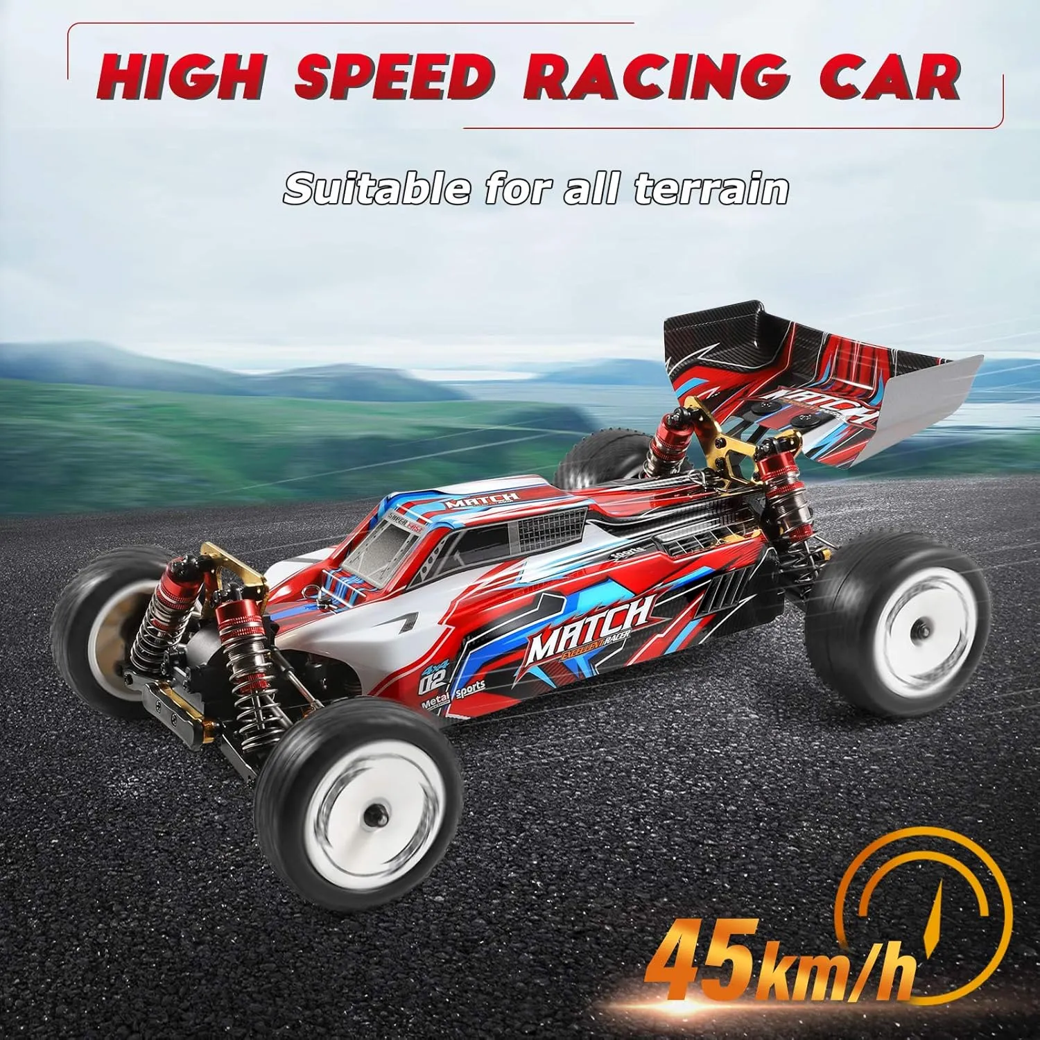 GoolRC WLtoys 104001 RC Car, 1:10 Scale Remote Control Car, 4WD 45KM/H High Speed Racing Car, All Terrain Off-Road Buggy, 2.4GHz RC Drift Car with Aluminum Alloy Chassis, Zinc Alloy Gear and 1 Battery