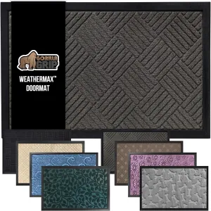 GORILLA GRIP 100% Waterproof All-Season WeatherMax Doormat, 47x35, Durable Natural Rubber, Stain and Fade Resistant, Low Profile, Indoor Outdoor Door Mats, Easy Clean Patio Entrance Mat, Gray Diamond