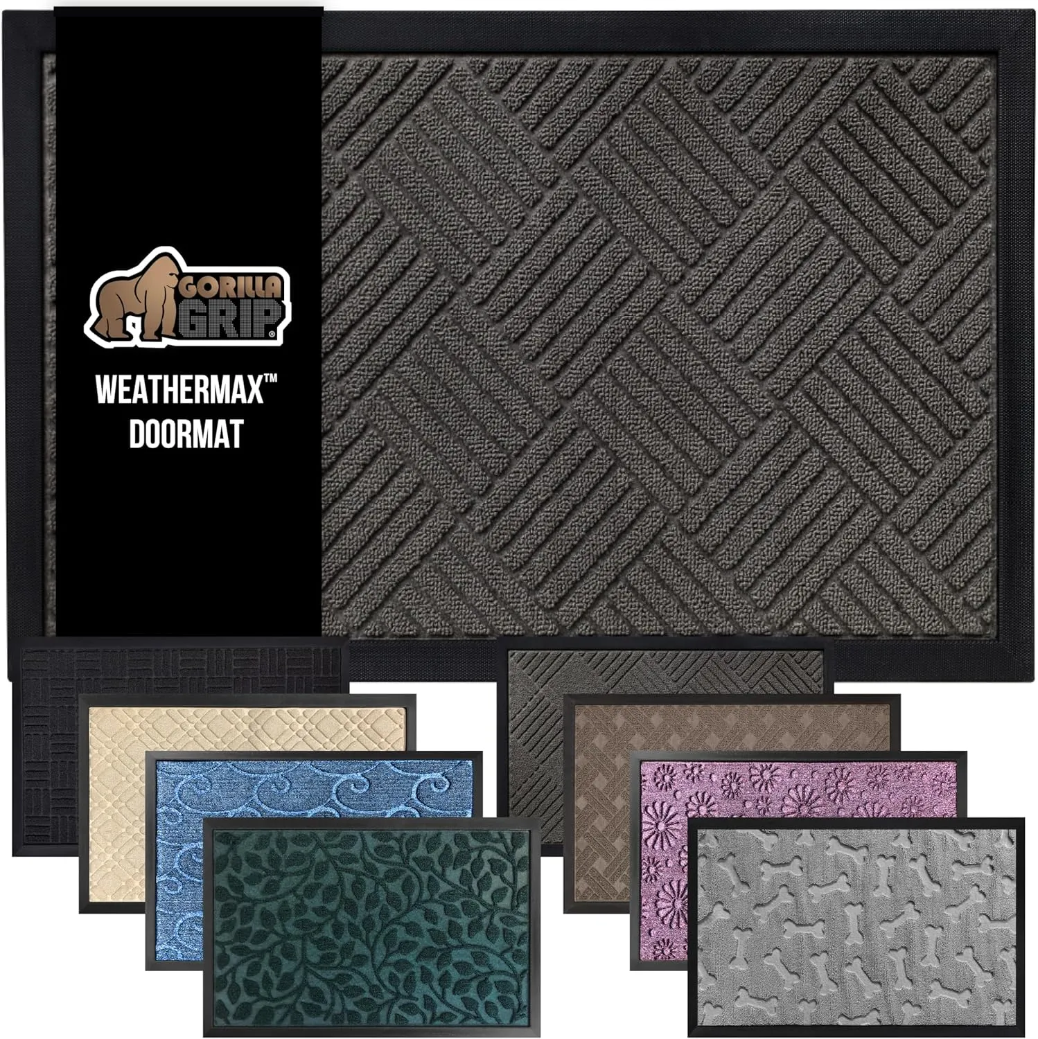 GORILLA GRIP 100% Waterproof All-Season WeatherMax Doormat, 47x35, Durable Natural Rubber, Stain and Fade Resistant, Low Profile, Indoor Outdoor Door Mats, Easy Clean Patio Entrance Mat, Gray Diamond