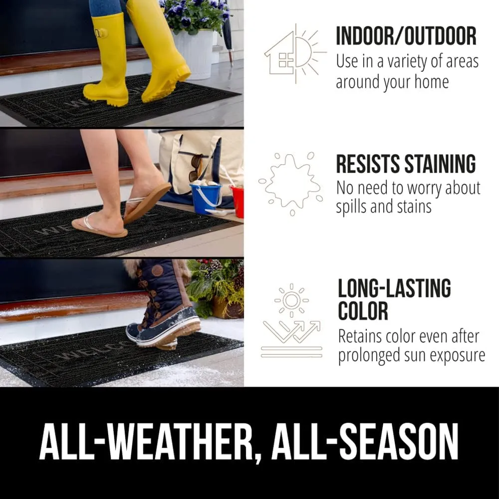 GORILLA GRIP 100% Waterproof All-Season WeatherMax Doormat, Durable Natural Rubber, Stain and Fade Resistant, Low Profile, Indoor Outdoor Door Mats, Easy Clean Entrance Mat, 17x29, Black Welcome