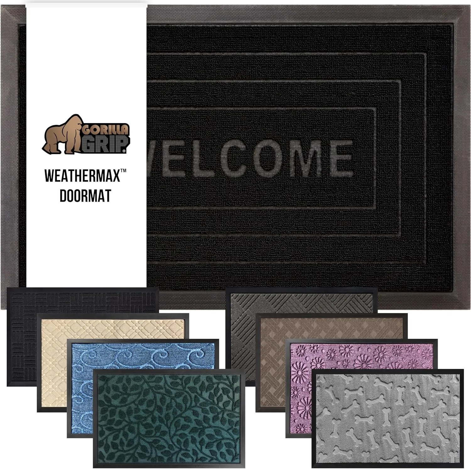GORILLA GRIP 100% Waterproof All-Season WeatherMax Doormat, Durable Natural Rubber, Stain and Fade Resistant, Low Profile, Indoor Outdoor Door Mats, Easy Clean Entrance Mat, 17x29, Black Welcome