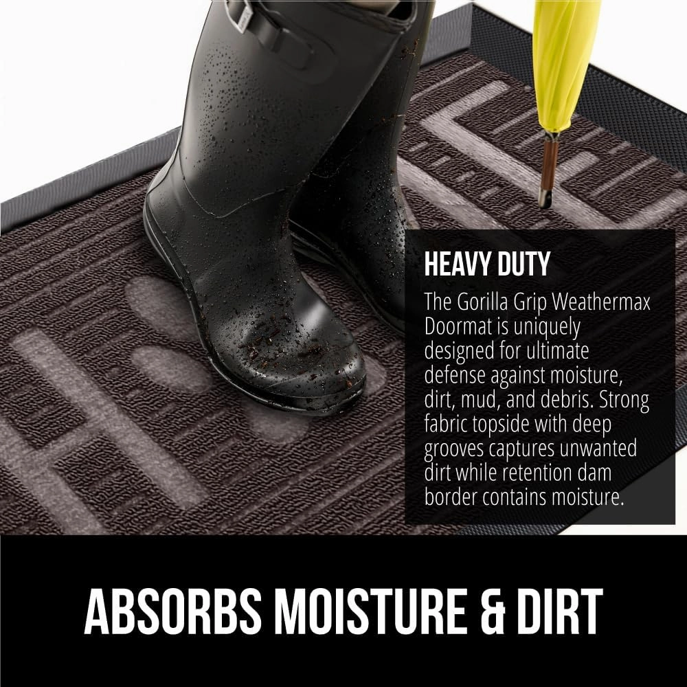 GORILLA GRIP 100% Waterproof All-Season WeatherMax Doormat, 23x35, Durable Natural Rubber, Stain and Fade Resistant, Low Profile, Indoor Outdoor Door Mats, Easy Clean Entrance Mat, Espresso Home Paw