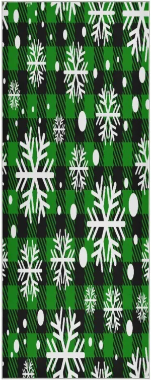 Green Grid White Snowflakes Yoga Towel,Hot Yoga Mat Towel with Grip Dots Sweat Absorbent Non-Slip for Hot Yoga, 24" x72",Soft Yoga Blankets with Travel Bag,Pilates and Workout