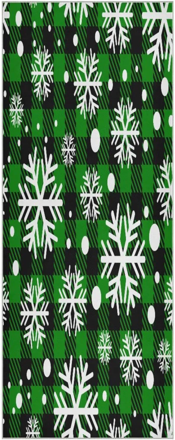 Green Grid White Snowflakes Yoga Towel,Hot Yoga Mat Towel with Grip Dots Sweat Absorbent Non-Slip for Hot Yoga, 24" x72",Soft Yoga Blankets with Travel Bag,Pilates and Workout