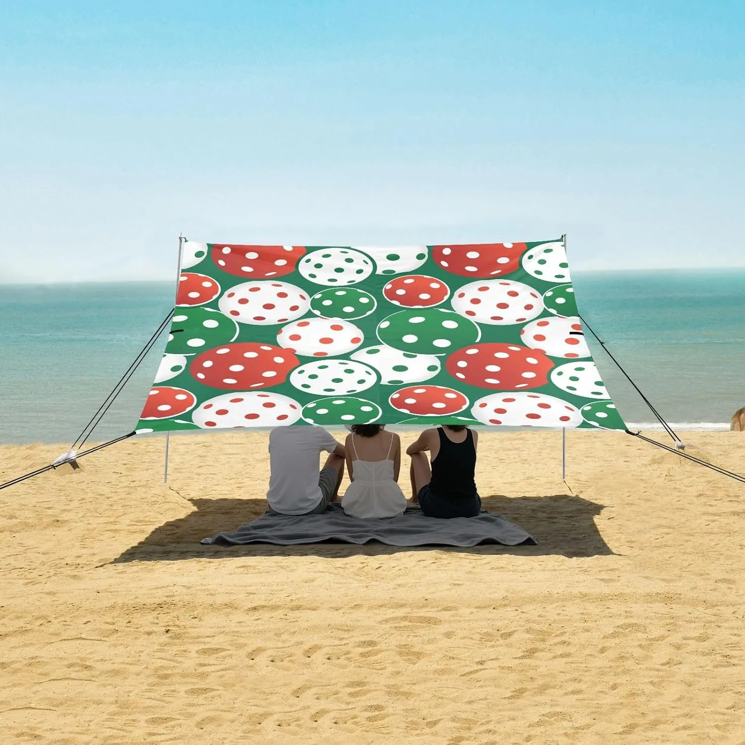 Green Red Pickleball Balls Beach Canopy Tent Anti-UV & Wind Resistant, Camping Sun Shelter Easy Setup Portable,Outdoor Shade Tents with Sandbags,Sand Shovels,Ground Pegs & Stability Poles