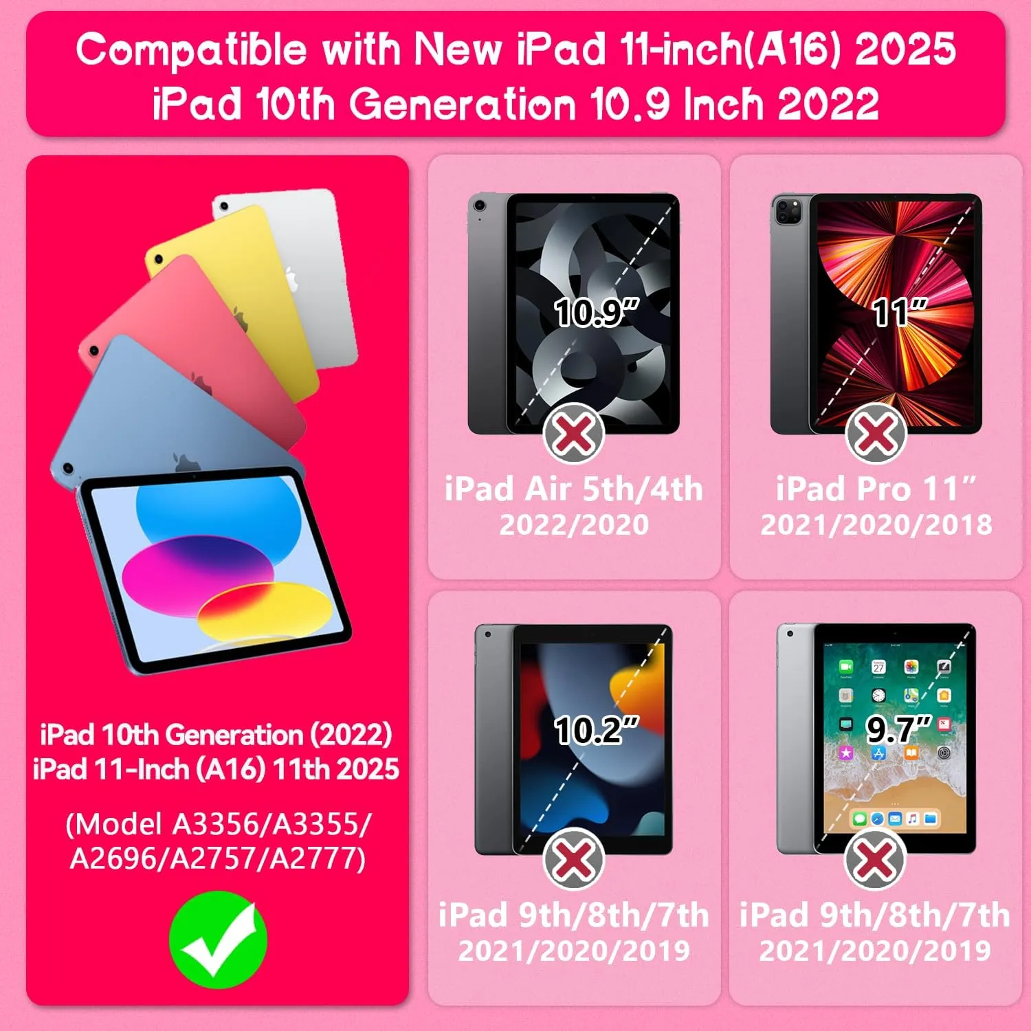 Grifobes for iPad 11-inch (A16) 2025 / 10th Generation Case 10.9 inch 2022, iPad 11th / 10th Case with Pencil Holder Heavy Duty Rugged Protective Cover with Kickstand for Girls Kids Hot Pink