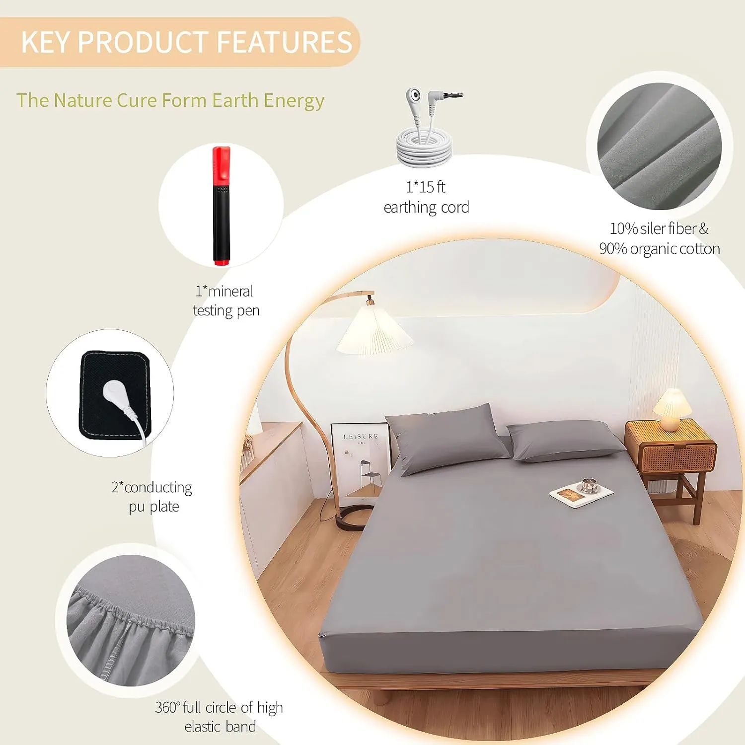 Grounding Fitted Sheet with Grounding Cord and Earthing Product Test Pen 90% Organic Cotton & 10% Silver Fiber for Promotes Relaxation & Enhance Sleep Comfort (Queen)
