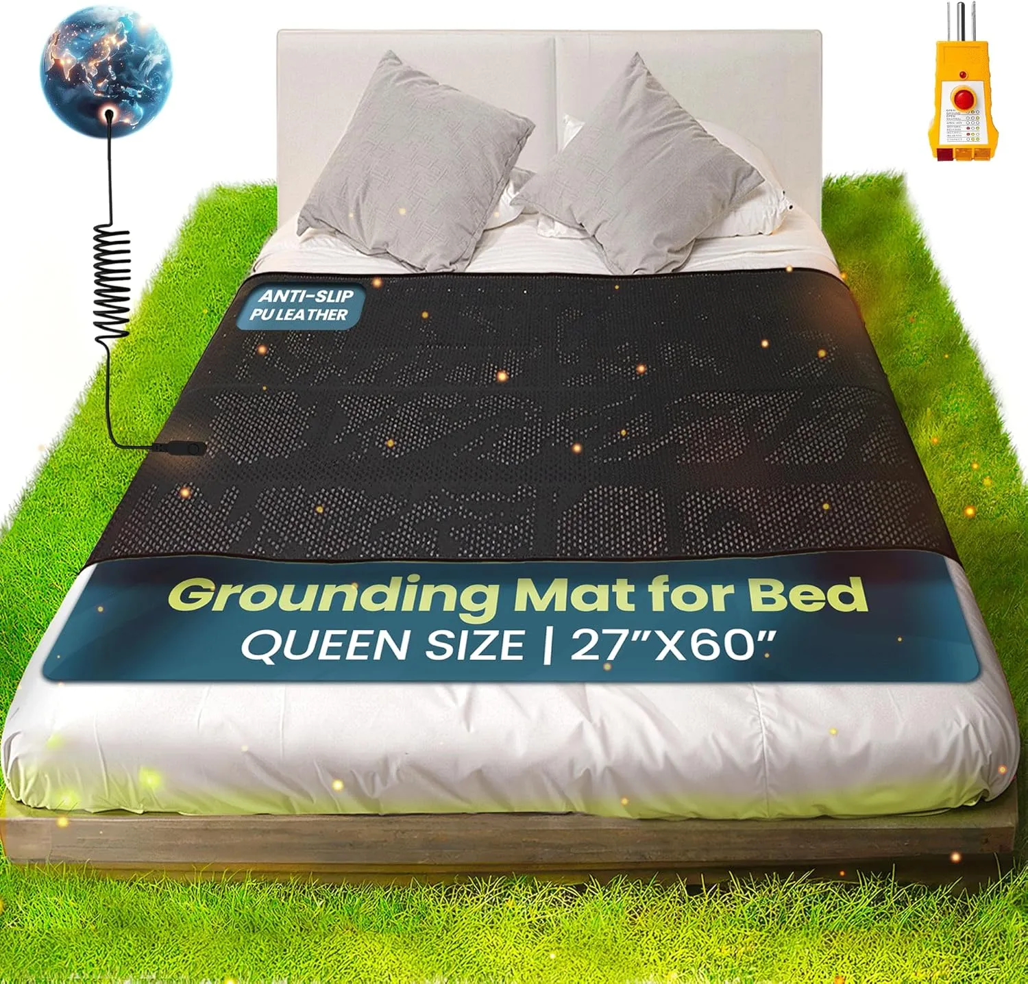 Grounding Mat for Bed Queen Size 27''×60'' - Grounding Mattress Pad for Sleeping with Anti-Slip PU Leather – Grounding Sheets for Wellness and Relaxation with Tracking System & Digital Manual
