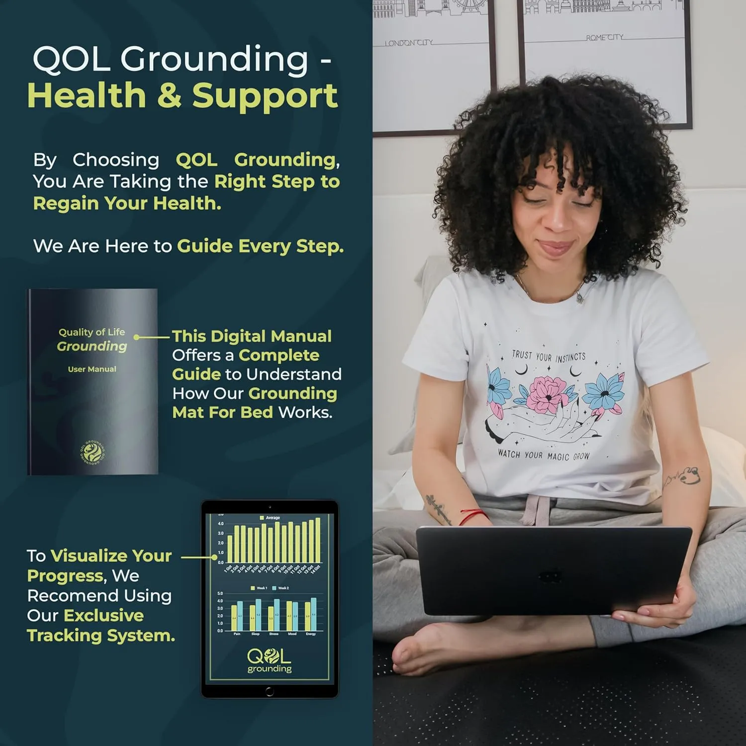 Grounding Mat for Bed Queen Size 27''×60'' - Grounding Mattress Pad for Sleeping with Anti-Slip PU Leather – Grounding Sheets for Wellness and Relaxation with Tracking System & Digital Manual