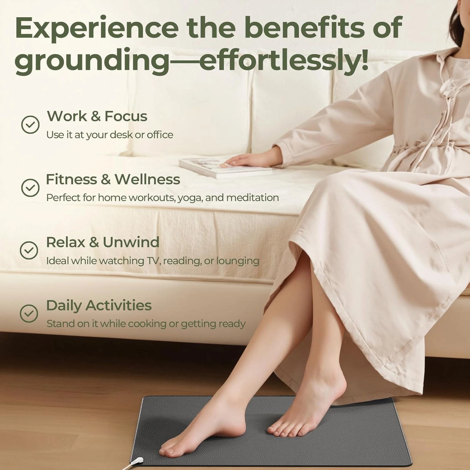Grounding Mat for Feet,Sleep, Energy, Pain Relief, Inflammation, and Wellness – Indoor Earthing Mat for Home, Office, and Work – 15-Foot Cord Included