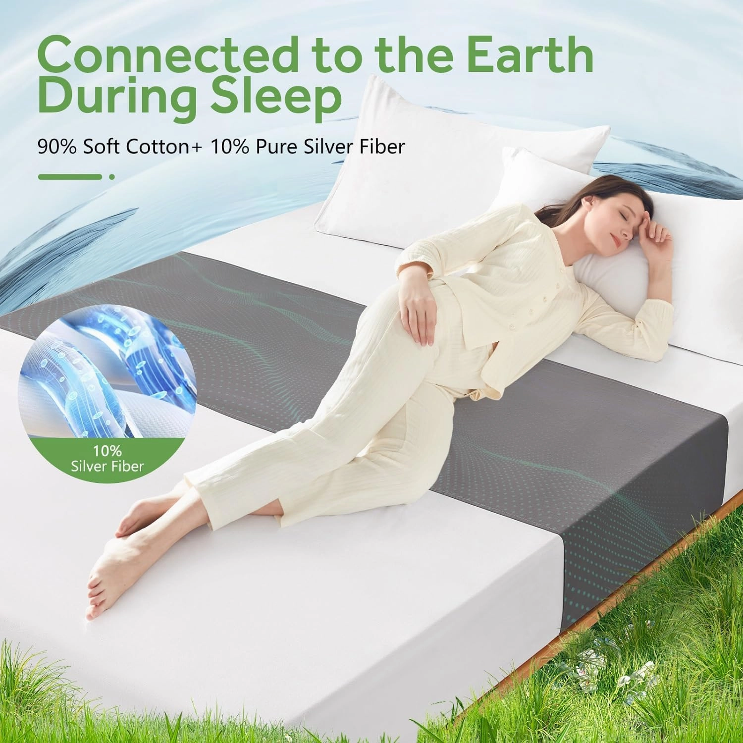 Grounding Sheets for All Mattress Sizes, BOVEREY Grounding Mat for Bed 10% Silver Fiber 90% Organic Cotton Grounding Sheets Sleeping Earth Grounded Mat, with Cord & Tester 104.3"x23.6" (Mistry Grey)