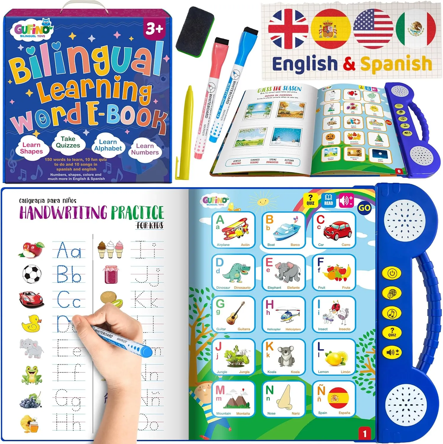 Gufino Spanish Learning for Kids: ABC Learning for Toddlers, Busy Book, Speech Therapy, Alphabet Sound Book, Preschool Learning Activities, Letter Tracing, English & Spanish, Educational Toys
