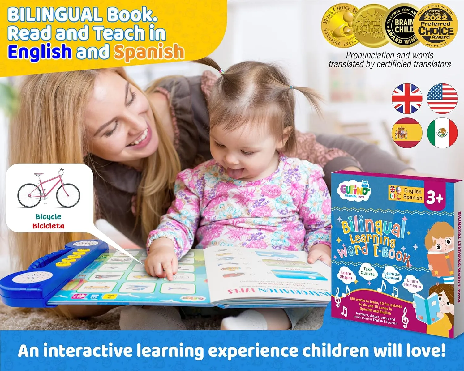 Gufino Spanish Learning for Kids: ABC Learning for Toddlers, Busy Book, Speech Therapy, Alphabet Sound Book, Preschool Learning Activities, Letter Tracing, English & Spanish, Educational Toys
