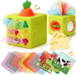 hahaland Baby Tissue Box Toy - Silicone Baby Toys 6-12 Months Montessori Toy for 6 Month Old - 6-in-1 Soft Busy Activity Cube with Scarves, Crinkle, Textures, Mirror, Sensory Popper - Gifts for Babies