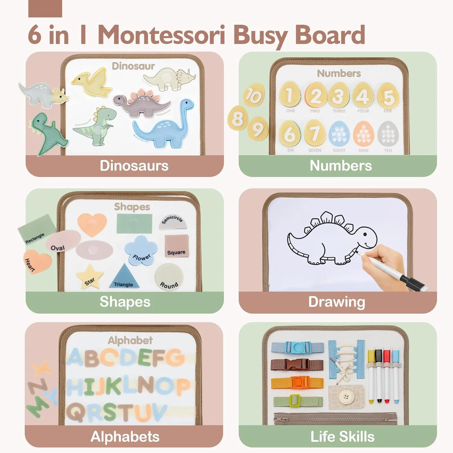 hahaland Montessori Busy Board for Toddlers 2-4 - 2 Year Old Boy Toys Birthday Gift - Travel Toys - Dinosaur, Alphabet, Number, Shape, Drawing, Life Skills