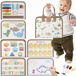 hahaland Montessori Busy Board for Toddlers 2-4 - 2 Year Old Boy Toys Birthday Gift - Travel Toys - Dinosaur, Alphabet, Number, Shape, Drawing, Life Skills