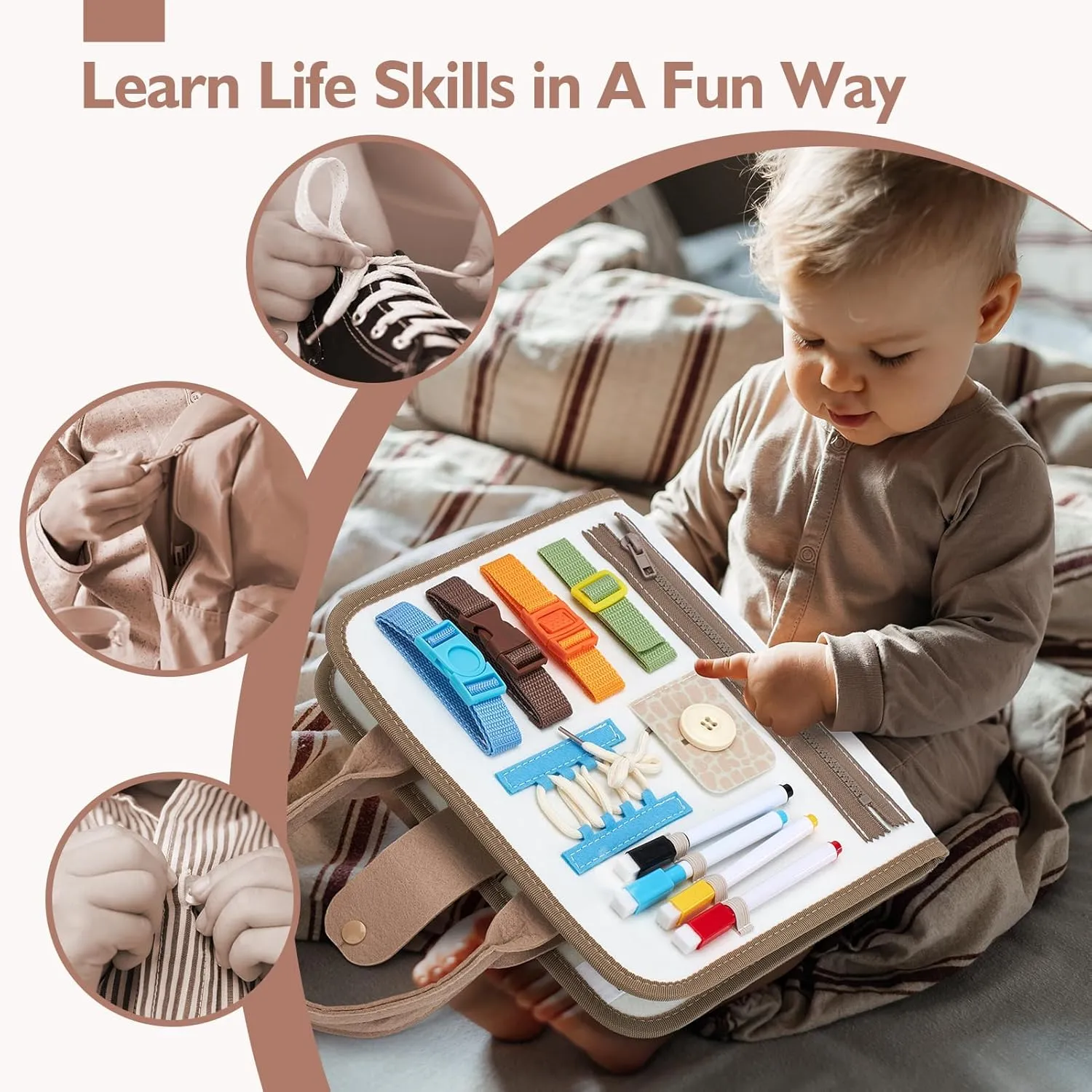 hahaland Montessori Busy Board for Toddlers 2-4 - 2 Year Old Boy Toys Birthday Gift - Travel Toys - Dinosaur, Alphabet, Number, Shape, Drawing, Life Skills