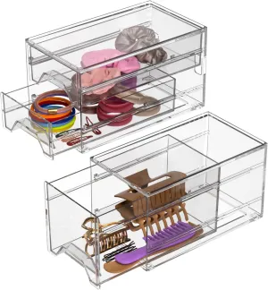 Hair Accessories Organizer for Bathroom storage: Clear Plastic Stackable Containers for Vanity, 2 pieces set, with 3 drawers