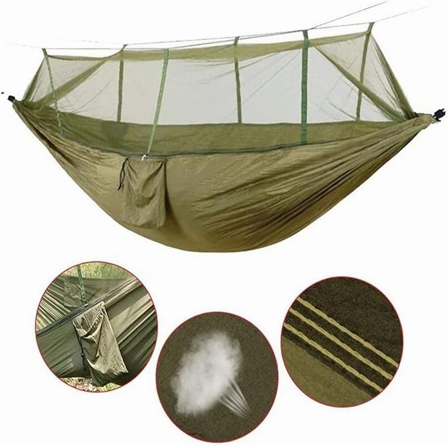 Hammock Handmade Camping Hammock with Mosquito Net Pop-Up Light Portable Outdoor Parachute Hammocks Swing Sleeping Hammock Camping Stuff Swing, Army Green Upgrade