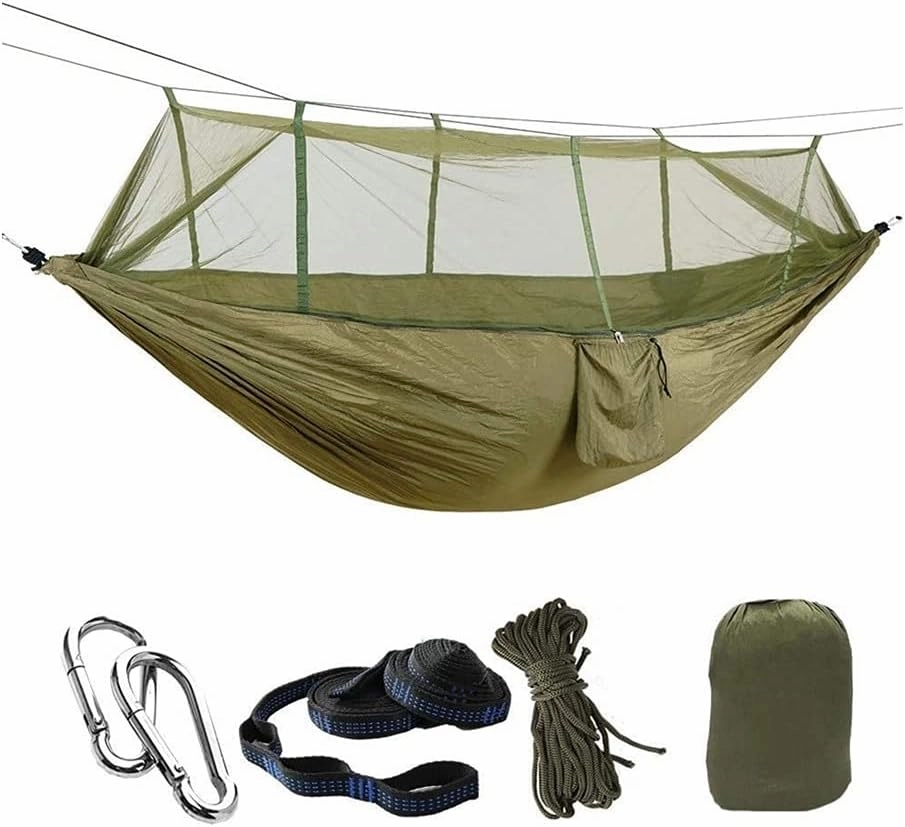 Hammock Handmade Camping Hammock with Mosquito Net Pop-Up Light Portable Outdoor Parachute Hammocks Swing Sleeping Hammock Camping Stuff Swing, Army Green Upgrade