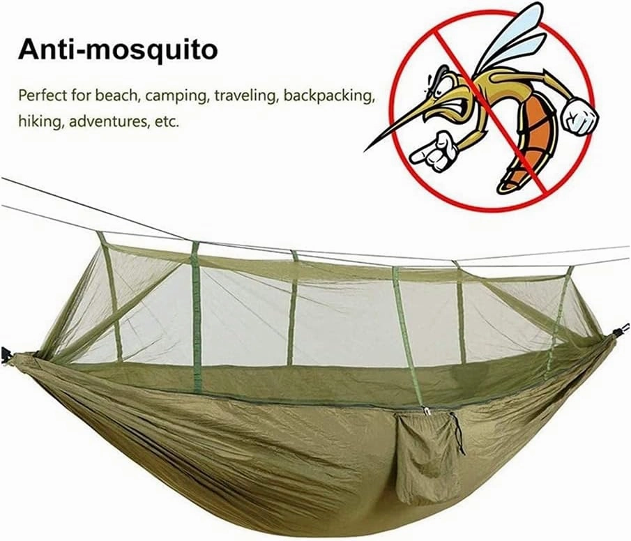 Hammock Handmade Camping Hammock with Mosquito Net Pop-Up Light Portable Outdoor Parachute Hammocks Swing Sleeping Hammock Camping Stuff Swing, Army Green Upgrade