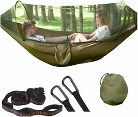 Hammock Handmade Camping Hammock with Mosquito Net Pop-Up Light Portable Outdoor Parachute Hammocks Swing Sleeping Hammock Camping Stuff Swing, Army Green Upgrade