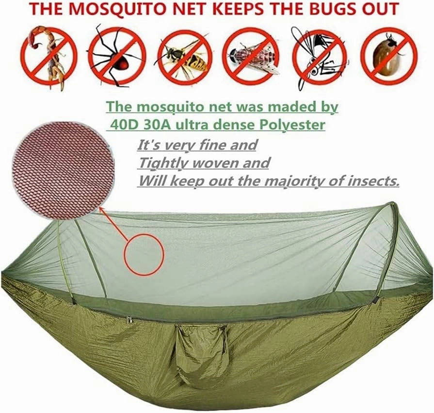 Hammock Handmade Camping Hammock with Mosquito Net Pop-Up Light Portable Outdoor Parachute Hammocks Swing Sleeping Hammock Camping Stuff Swing, Army Green Upgrade