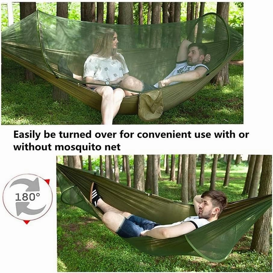 Hammock Handmade Camping Hammock with Mosquito Net Pop-Up Light Portable Outdoor Parachute Hammocks Swing Sleeping Hammock Camping Stuff Swing, Army Green Upgrade