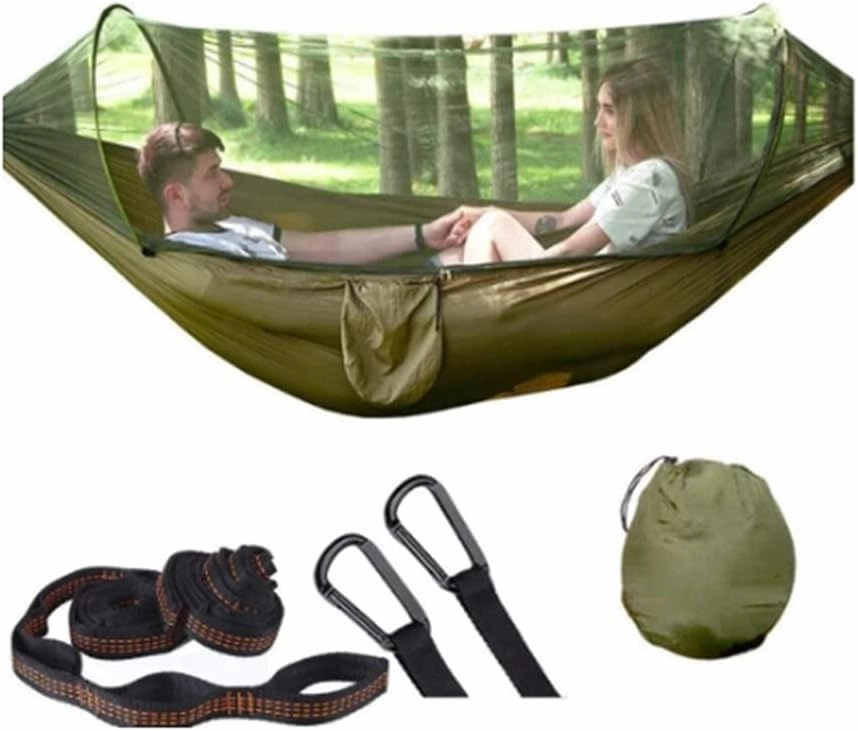 Hammock Handmade Camping Hammock with Mosquito Net Pop-Up Light Portable Outdoor Parachute Hammocks Swing Sleeping Hammock Camping Stuff Swing, Army Green Upgrade