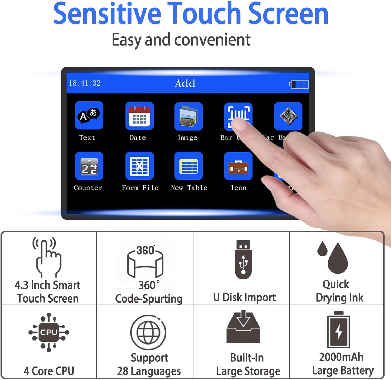 Handheld Inkjet Printer with 42ml Quick-Drying Ink Cartridge, Portable Handheld Printer Gun with 4.3 Inch Touch Screen for Text QRCode Barcode Batch Number Label Logo