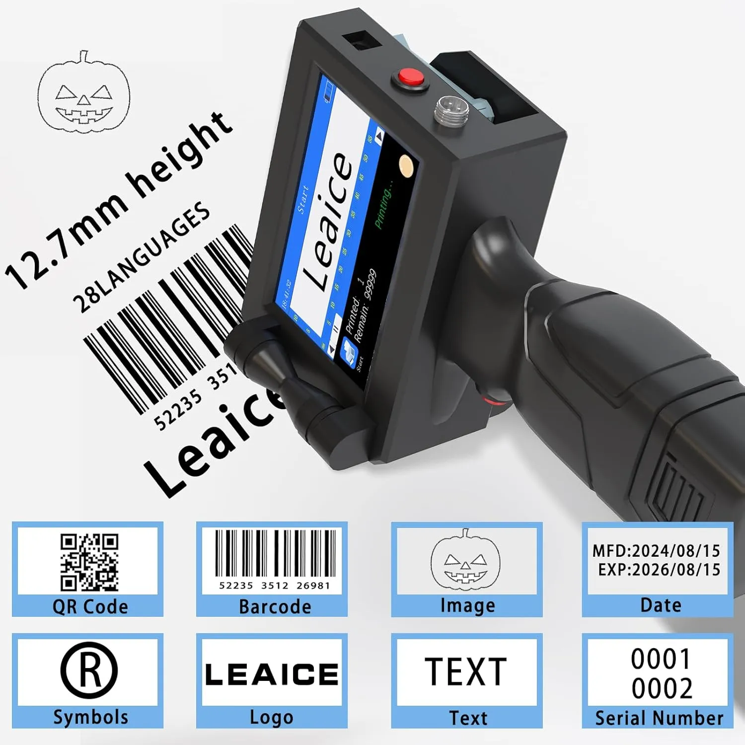 Handheld Inkjet Printer with 42ml Quick-Drying Ink Cartridge, Portable Handheld Printer Gun with 4.3 Inch Touch Screen for Text QRCode Barcode Batch Number Label Logo
