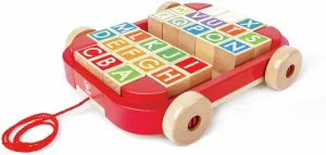Hape: Pull-Along Cart with Stacking Blocks - Wooden Toy, ABC Letter Blocks, Load Into String Trailer & Take Along, Indoor/Outdoor, Kids Toddler Ages 2 