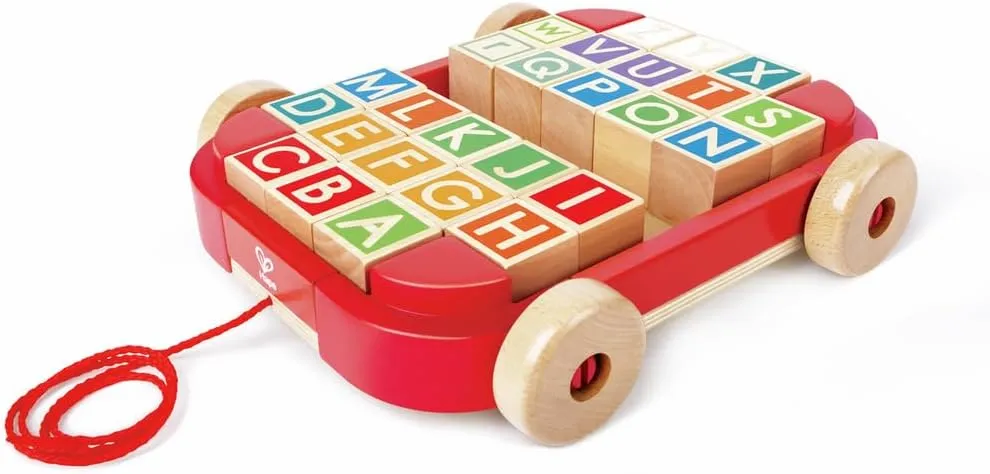 Hape: Pull-Along Cart with Stacking Blocks - Wooden Toy, ABC Letter Blocks, Load Into String Trailer & Take Along, Indoor/Outdoor, Kids Toddler Ages 2 