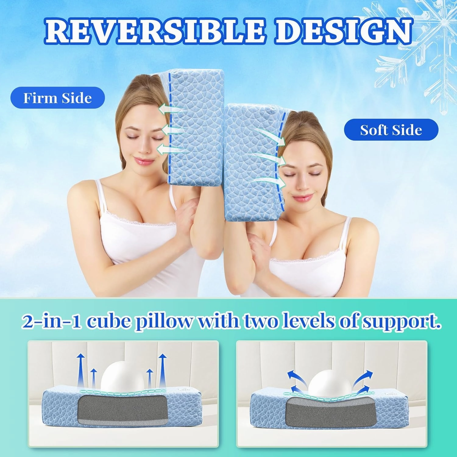 HARBOREST Cooling Cube Pillow - Side Sleeper Pillow for Neck and Shoulder Pain, Memory Foam Pillow Cube Pro with Adjustable Firmness,24"x12"x5", Blue