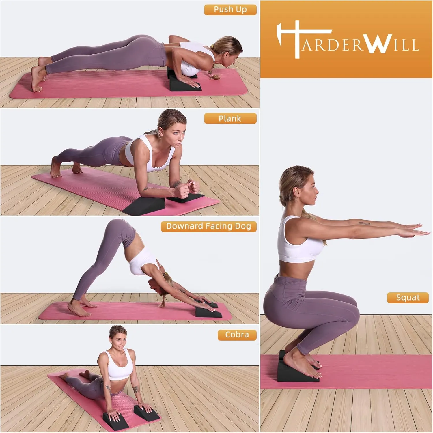 HarderWill Yoga Foam Wedge Blocks (Pair), Calf Raise Block, Calf Stretcher, Yoga Wrist Support, Balance, Pushup, Fitness, Pilates, Heel Stretcher, Squat Wedge with Gym Bag