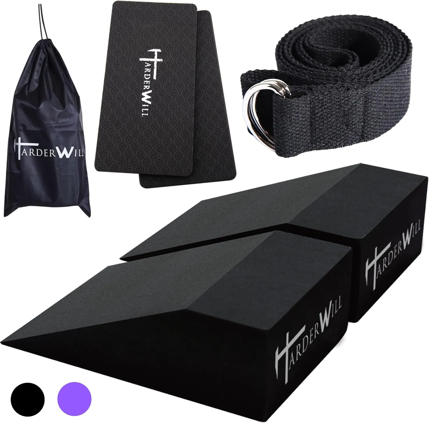 HarderWill Yoga Foam Wedge Blocks (Pair), Calf Raise Block, Calf Stretcher, Yoga Wrist Support, Balance, Pushup, Fitness, Pilates, Heel Stretcher, Squat Wedge with Gym Bag