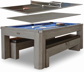 Hathaway Newport Stylish 7 Ft Multi Game Pool Table Combo with Dining Top and Ping Pong – Includes Set of Benches for Home Storage and Accessories – Rustic Grey Wood Finish
