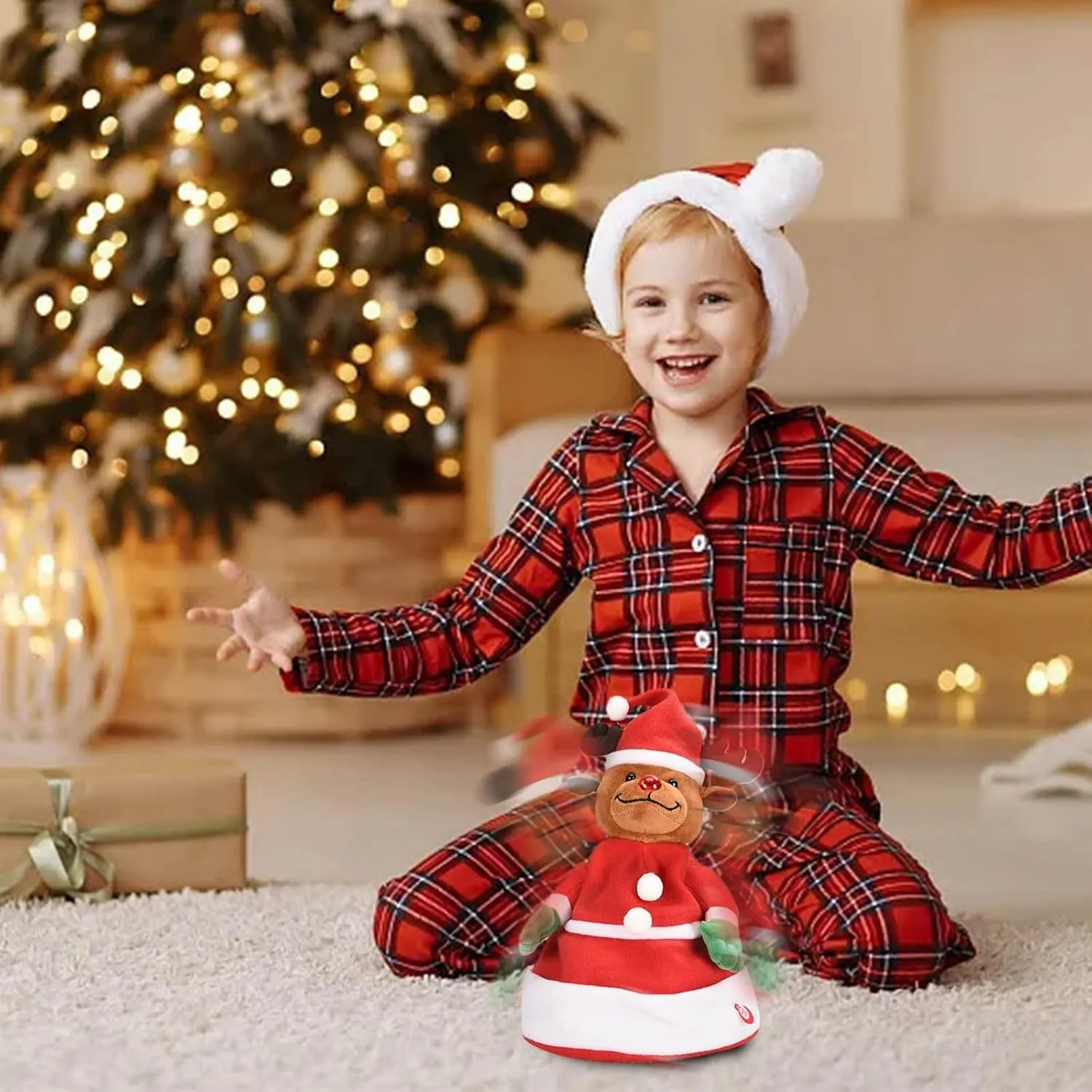 HELLORSO Singing and Dancing Christmas Hat Electric Swing Moving Glowing Santa Hat Plush Funny Xmas Toy Hat Musical Christmas