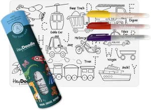 Hey Doodle Toot Toot Honk Mini – Reusable Silicone Coloring Mat for Toddlers and Kids – Educational Alphabet & Transportation Activity Pad with 3 Markers – Mess-Free Travel Toy – Ages 3-7