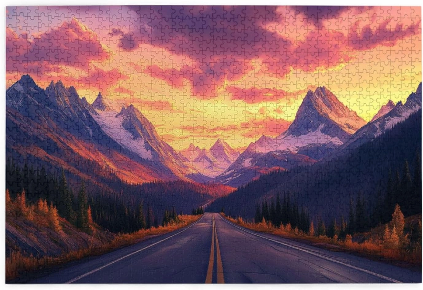 highway scenery 1000 piece puzzle for adults,beautiful snow-capped mountain sunset landscape,enjoy the puzzles solving process,great for relaxation and display for puzzle lovers