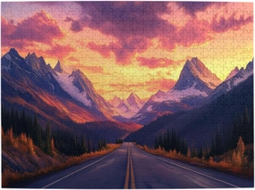 highway scenery 500 piece puzzle for adults,beautiful snow-capped mountain sunset landscape,enjoy the puzzles solving process,great for relaxation and display for puzzle lovers